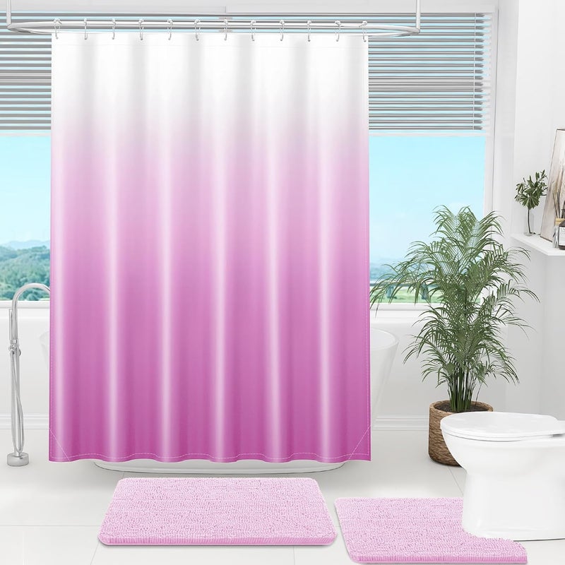 OLANLY Luxury Pink and White Ombre Shower Curtain Sets with 12 Hooks, Waterproof and Washable Decorative Shower Curtains for Bathroom, 72x72 Inches - Image 2